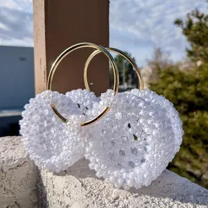 White Crystal Heart Handmade Beaded bag
