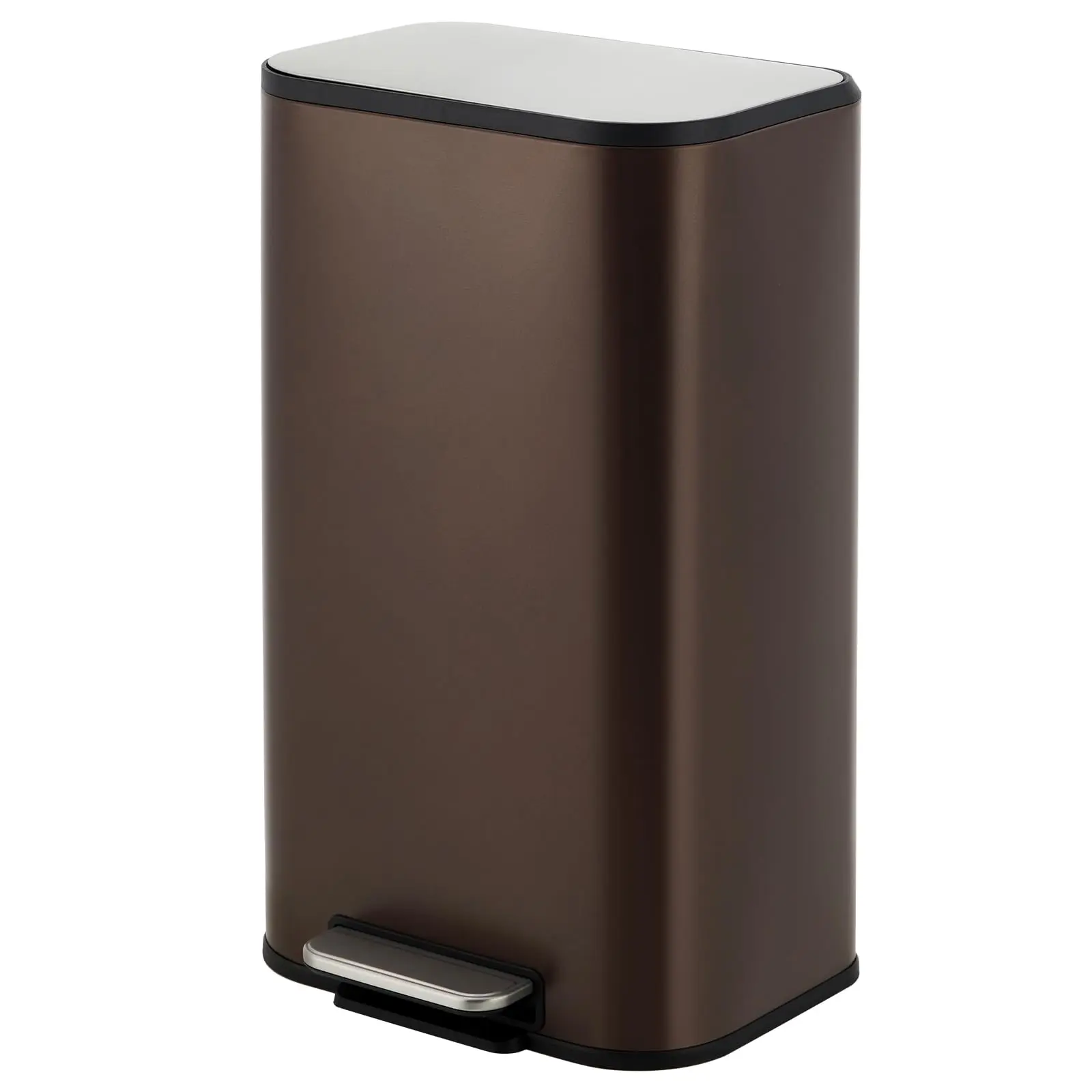 Garvee 8 Gallon Stainless Steel Trash Can with Soft-Close Lid, Step-On Pedal, Rectangular Design, and Inner Bucket for Kitchen, Home, Office, Bathroom, and Living Room Use in Brown