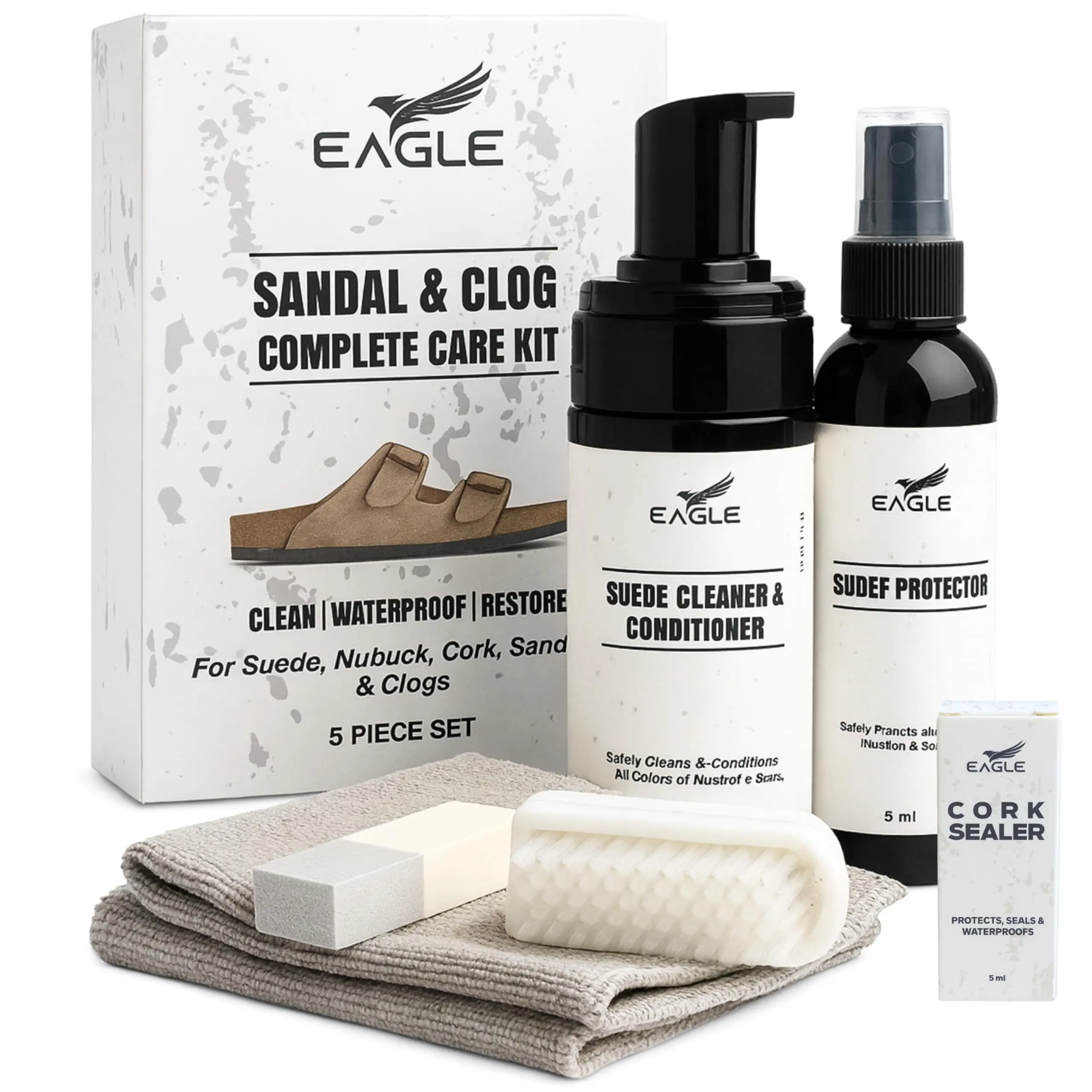 Eagle Sandal & Clog Care Kit – Compatible with Birkenstock – Suede Cleaner & Conditioner, Protector, Cork Renew, Brush, Eraser & Microfiber Cloth – 6-Piece Complete Shoe Cleaning Set