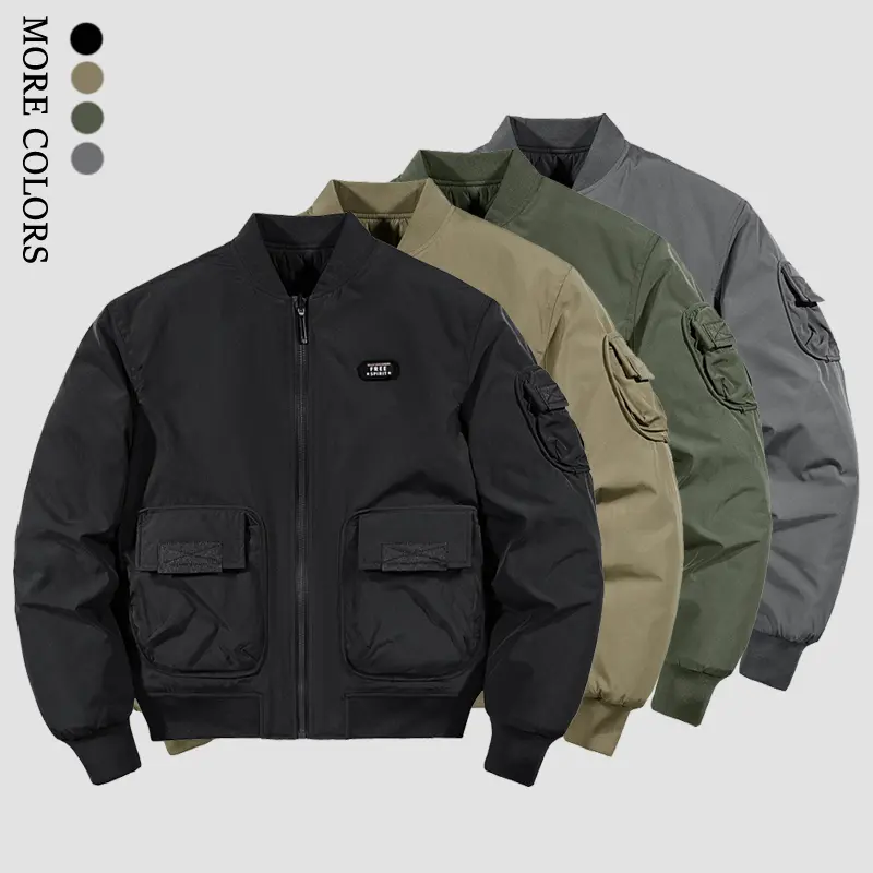 Stylish Fitted Men's Long Sleeve Plain Spring-Fall Stand Collar Windproof Water-Resistant Workwear Flight Jacket Tops - Velcro Interchangeable Closure, Ribbed Cuffs, Zipper Front; Ideal for Outdoor Activities, Gym Workouts