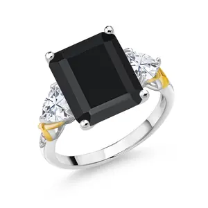 Gem Stone King 6.73 Cttw Black Onyx Moissanite and Diamond 3 Stone Ring For Women | 925 Silver and 10K Yellow Gold | Gemstone Birthstone | Emerald Cut 12X10MM
