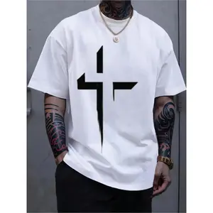 Men's All-Season Pure Cotton Crew Neck T-Shirt, with Patterned Cross Print - Casual Style, Short Sleeve, Regular Fit, Lightweight Stretch Fabric, 100% Cotton, Suitable for Daily and Weekend Wear, Four Seasons Clothing |     Modern appearance Streetwear Cr
