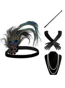 Black 1920s Flapper Costume Set Necklace Feather