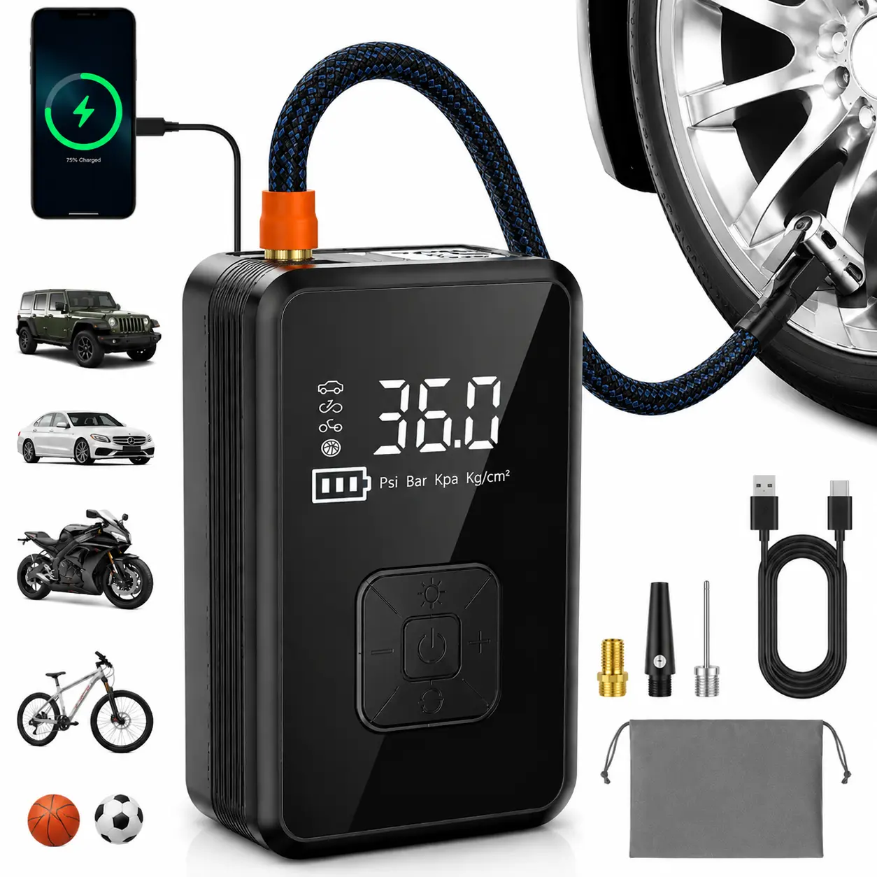 Cordless Car Tire Inflator Portable Air Compressor with High-Capacity Battery Wireless Digital Display Enhanced Safety for Cars & Inflatables Onboard Tools Emergency Power Supply Tire Pressure Monitoring and Repair Kit,car accessories