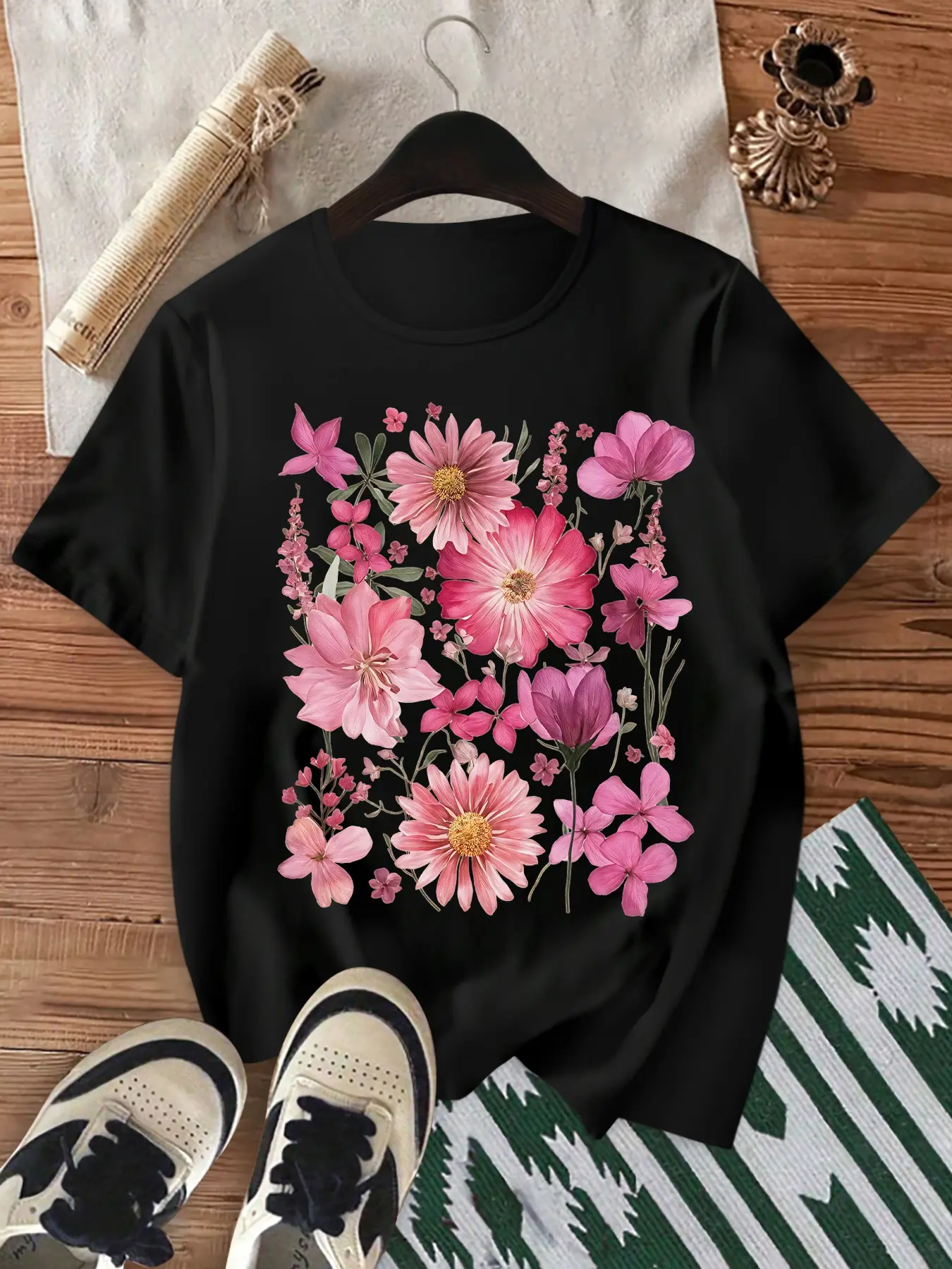 Women's Floral Print Short-Sleeve Crewneck Top - Lady's Cotton Fabric, Blush Pink, Breathable Stretch, Loose Sporty Elegant Fit, Everyday Home Casual Wear, Shortsleeve, Round Neck, Tshirt, Cute Yet Elegant Floral Vibe