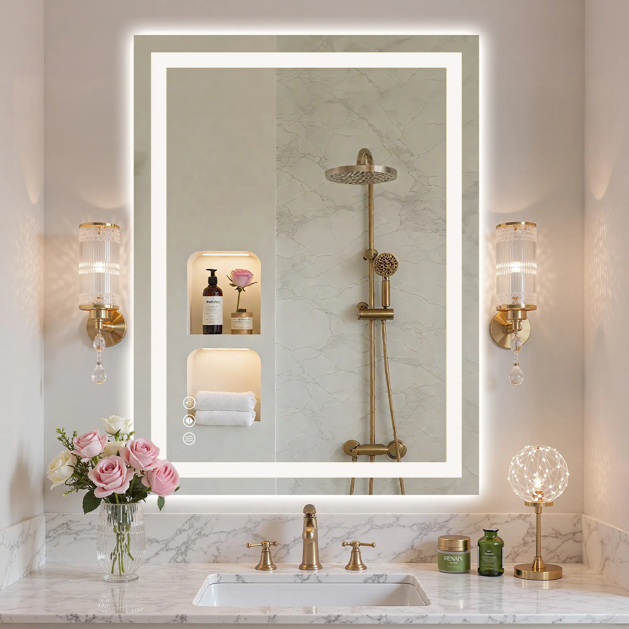 Anti-Fog Wall-Mounted LED Vanity Mirror - Dual-Light Front-and-Back Illumination, Dimmable Tempered Glass, Shatter-Proof, Memory Function, Fog Resistance Bathroom Mirror, Anti Fog Bathroom Mirrors, Dual-Light Bathroom Mirrors