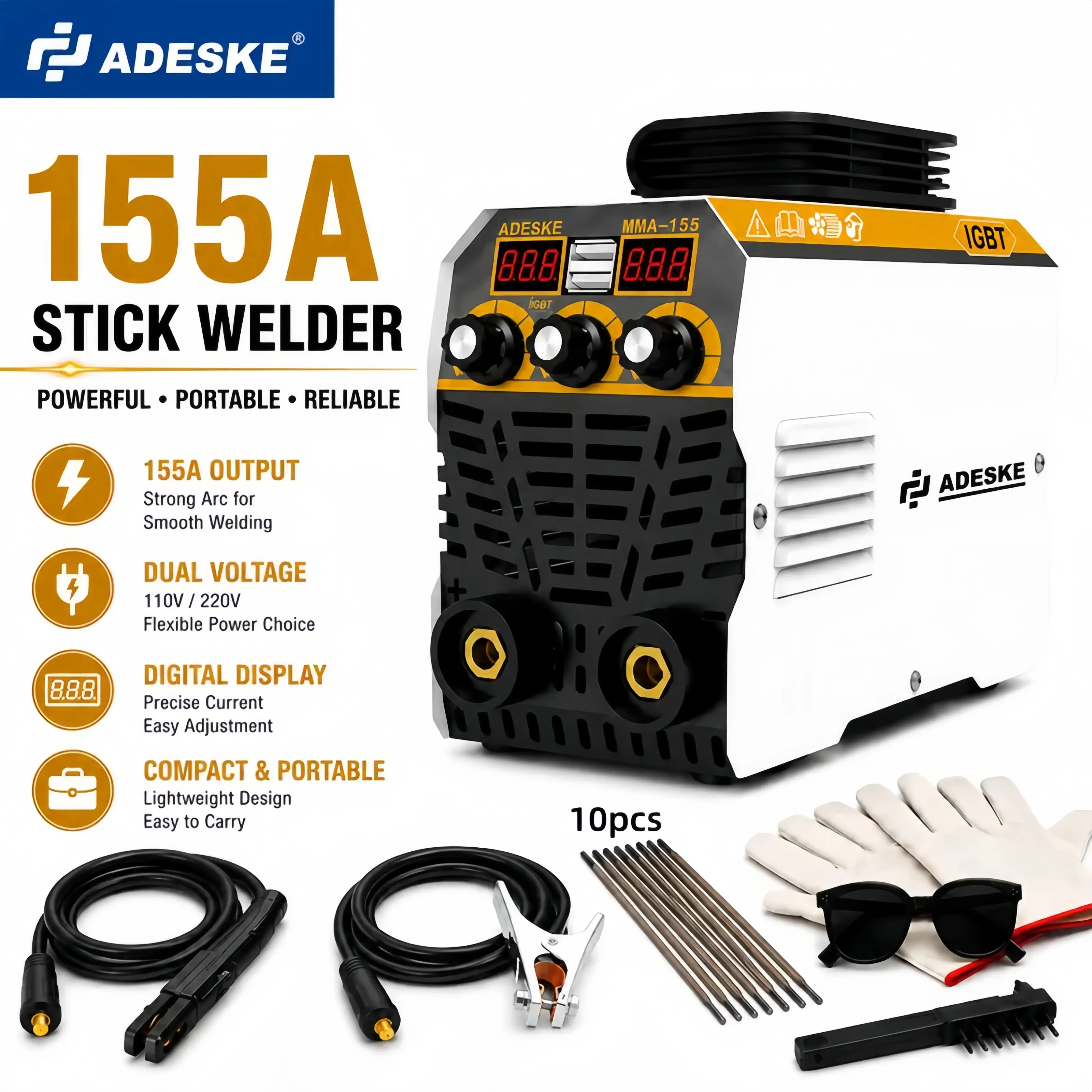 ADESKE MMA-155 Portable Welding Machine – Dual Voltage 110V/220V, 120A Output, Digital Display, Overload Protection, Complete Welding Kit for Home, Auto Repair & Construction
