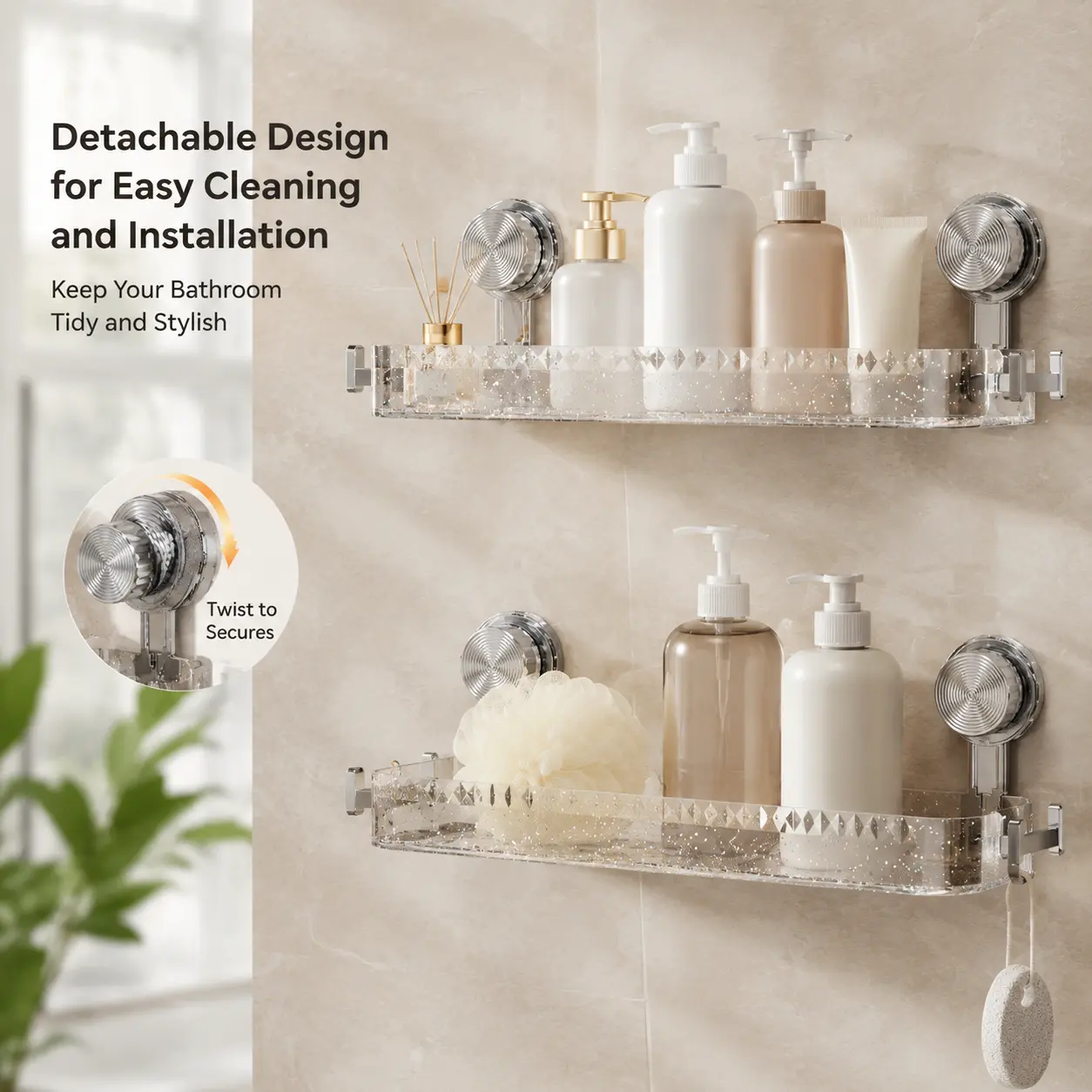 1 Count, Suction Cup Wall Mounted Shower Shelf, Detachable Transparent Glitter Tray with Hooks for Bathroom Toiletries Storage