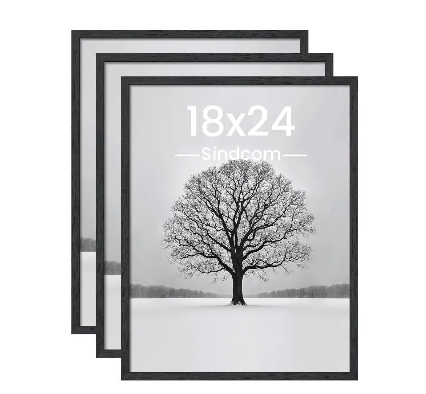 Set of 3 Minimalist 18x24 Black Lightweight MDF Engineered Wood Picture Frames, Wall Gallery Poster Frames with Shatter-Resistant Cover, Horizontal-Vertical Display for Room Artwork/Photos, Easy Installation for Home Decor Glass Hanging