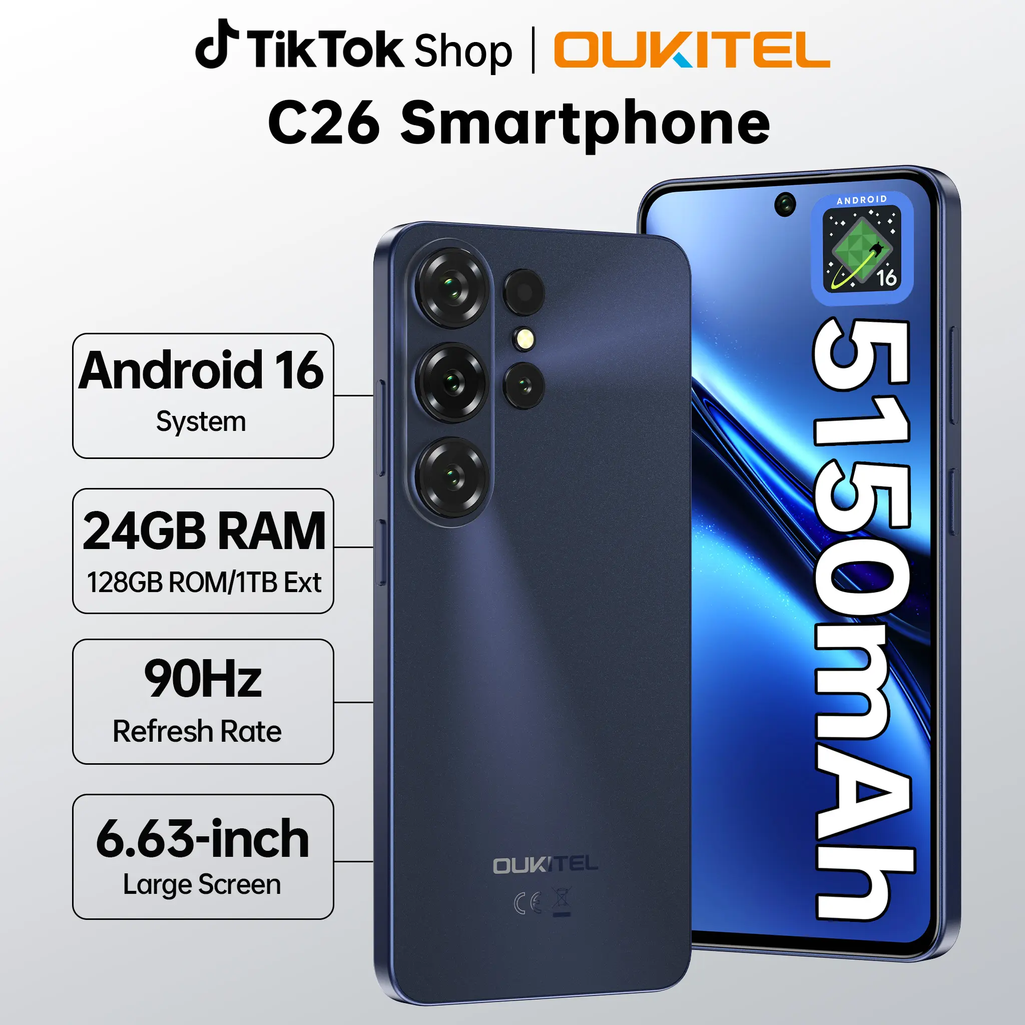OUKITEL C26 Android 16 Smartphone，24(6+18)GB RAM + 128GB ROM, Octa-Core Mobile Phones，6.63''HD + 90Hz Display，5150mAh Battery，64 MP + 5 MP Camera，Dual SIM/GPS/OTG/T-Mobile