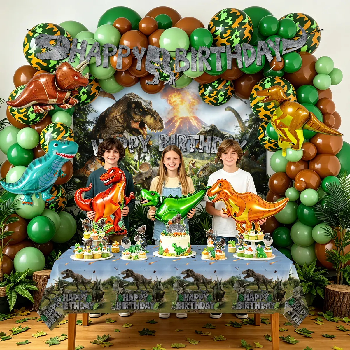 Dinosaur Birthday Party Decorations Kit with Tropical Jungle Print, Multiple Items, Paper/Latex Balloons Arch, Happy Birthday Backdrop, Tablecloth, Banner, Cake Toppers for Boys' B-day Festive Supplies