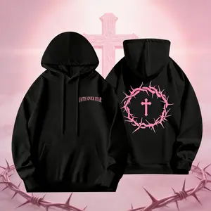 Women's Religious Hoodie - Pink Thorn Cross & Faith Lettering, Soft Long Sleeve Casual Top, Bold Statement Church Outfit, Durable Prayer Wear for Spring Fall,Unisex Hoodie