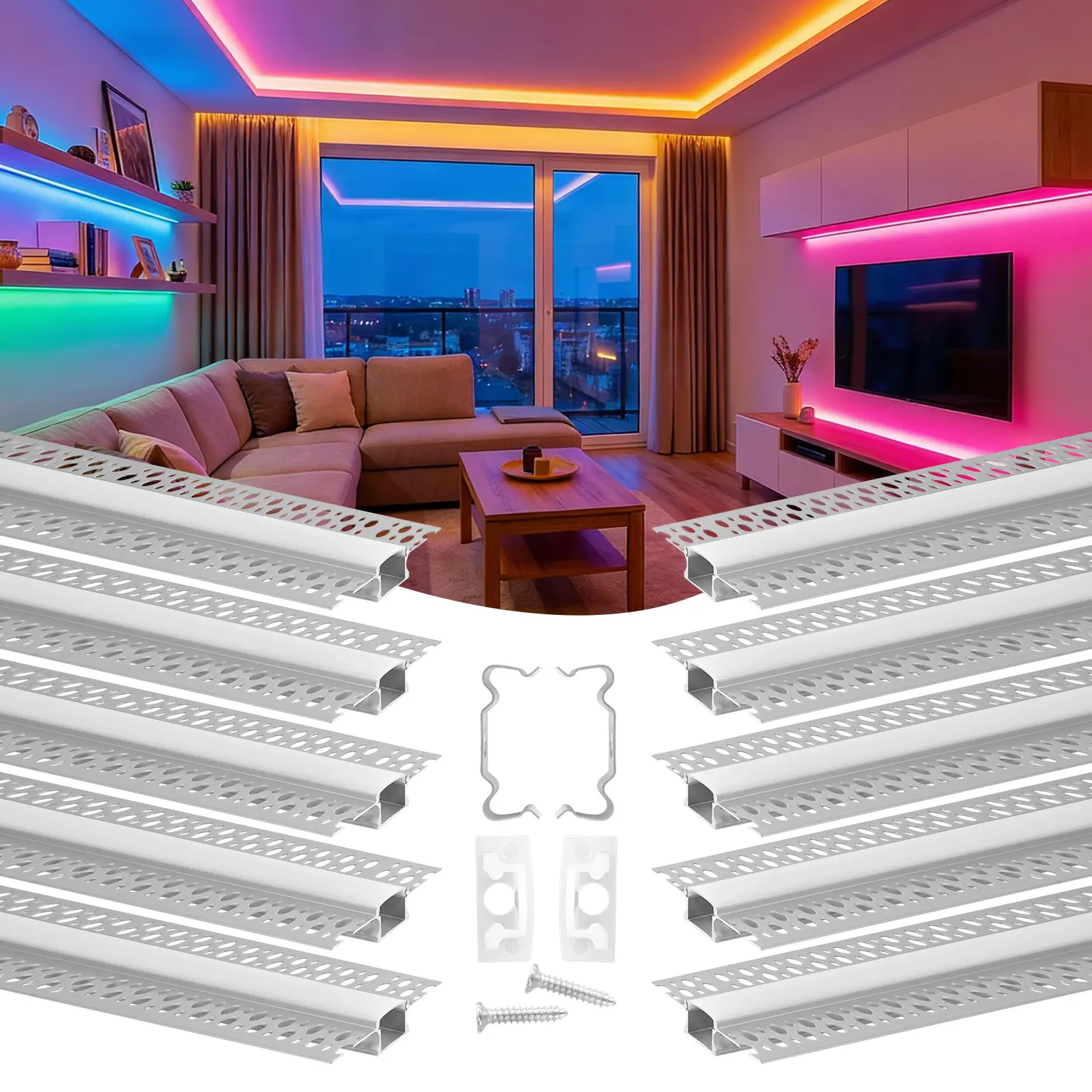 【summerfinds】VEVOR Trimless Recessed Drywall LED Strip Diffuser Channel 10-Pack, 6.6ft/2M Plaster-in Aluminum Profile with Milky Cover, End Caps, Mounting Clips, for Home Room Decor, LED Light Strips in Wardrobe, Living Rooms