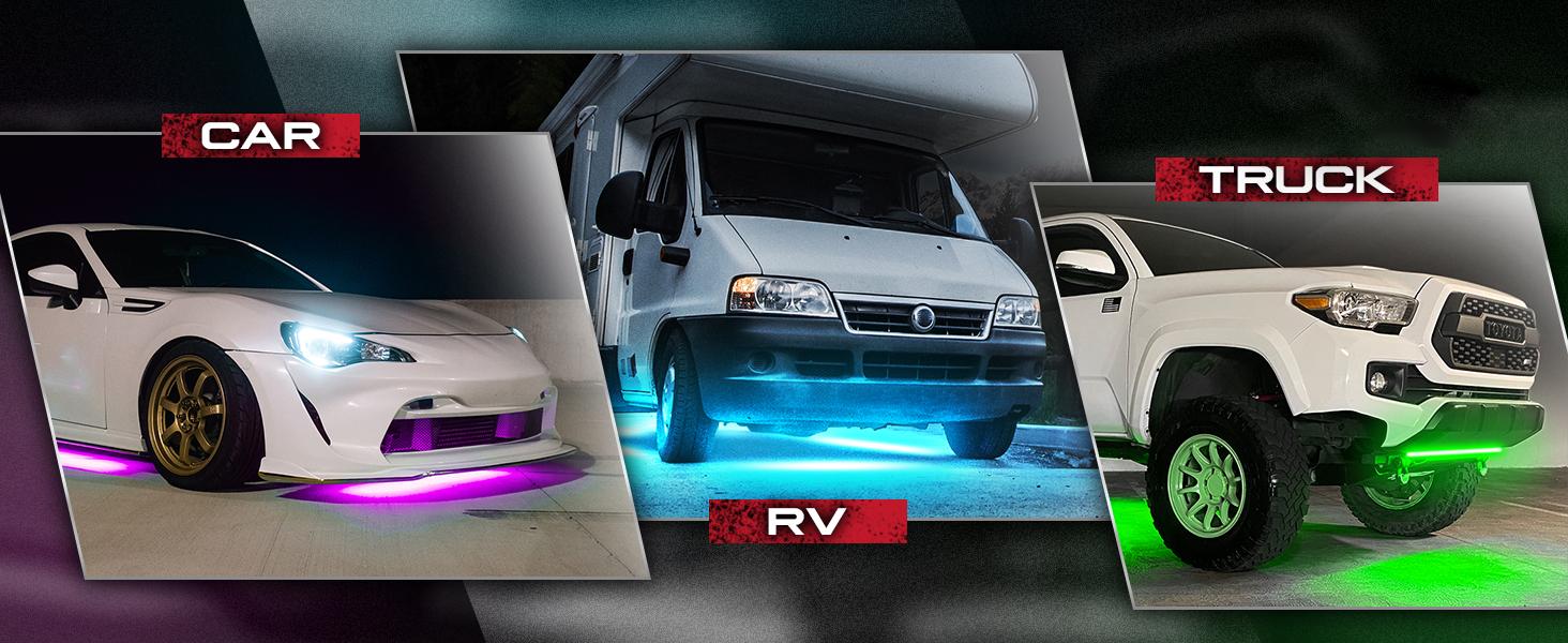 DIBMS 4pc LED Grille Lights with App Control,  RGB LED Strips, Waterproof Front Grill Valence, Music Sync, Multi-Color Exterior Lighting Kit, Universal for Cars Trucks SUV Tacoma 4Runner singing  lights  cars underglow  neon  tubes