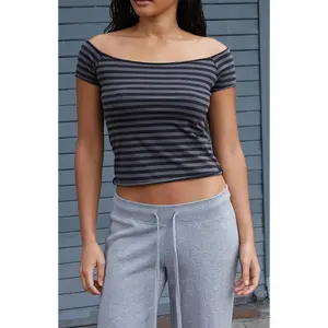John Galt Women's Black & Gray Striped Bonnie Off-The-Shoulder Short Sleeve Top