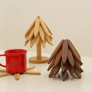 Natural Tree Trivet Set – 4 Wooden Trivets & 1 Stand, Heat-Resistant, Foldable Design, Durable & High-Quality Solid Wood, Ideal for Hot Dishes, Pots, Bowls, Teapots, Kitchenware & Tableware Coasters