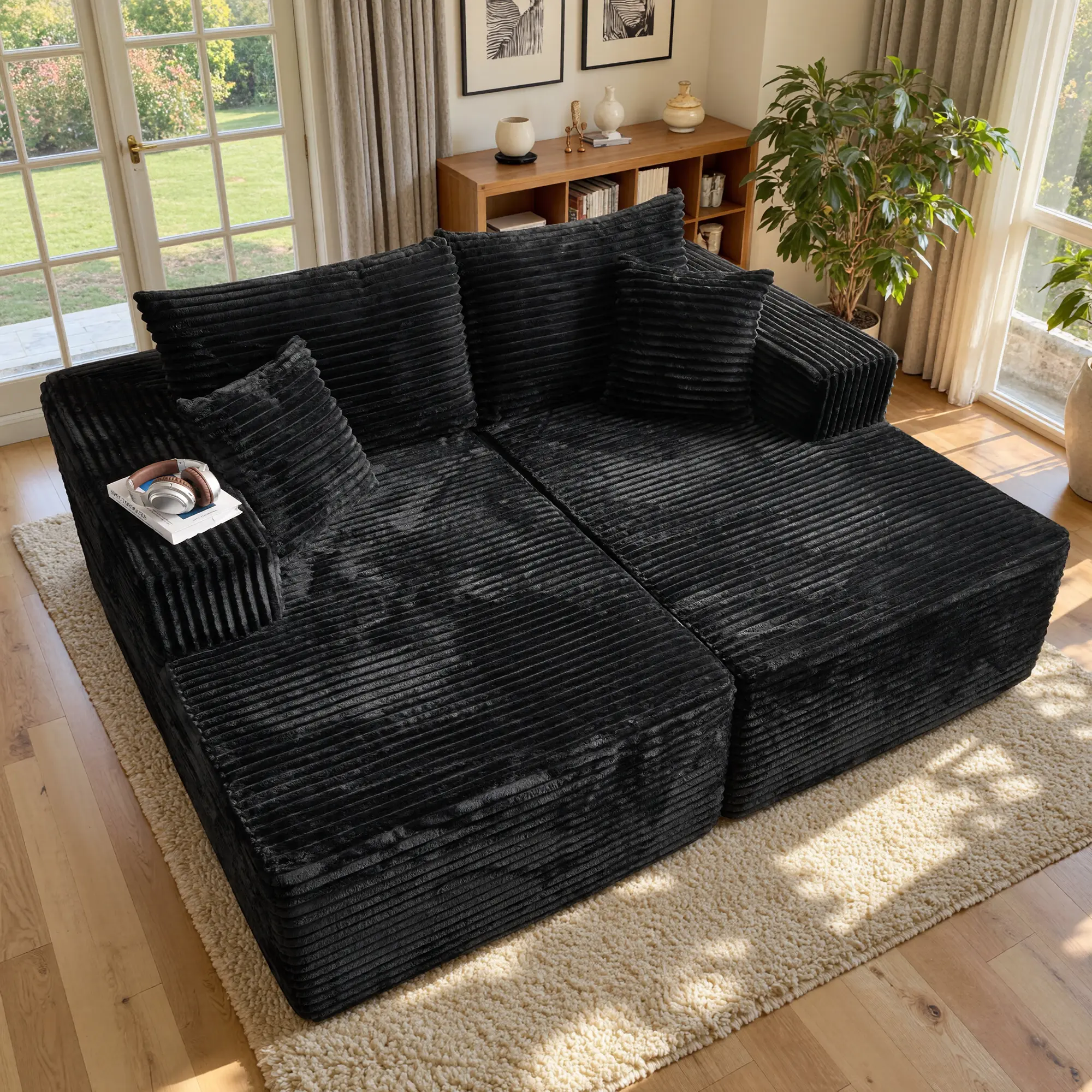 XIZZI 75" Oversized Boneless Double Chaise Lounge Sofa, Modern Compressed Plush Corduroy Upholstered Sectional Cloud Couch Sleeper Couch Bed, Lovesac Deep Seat, Comfy Lazy Chair for Living Room