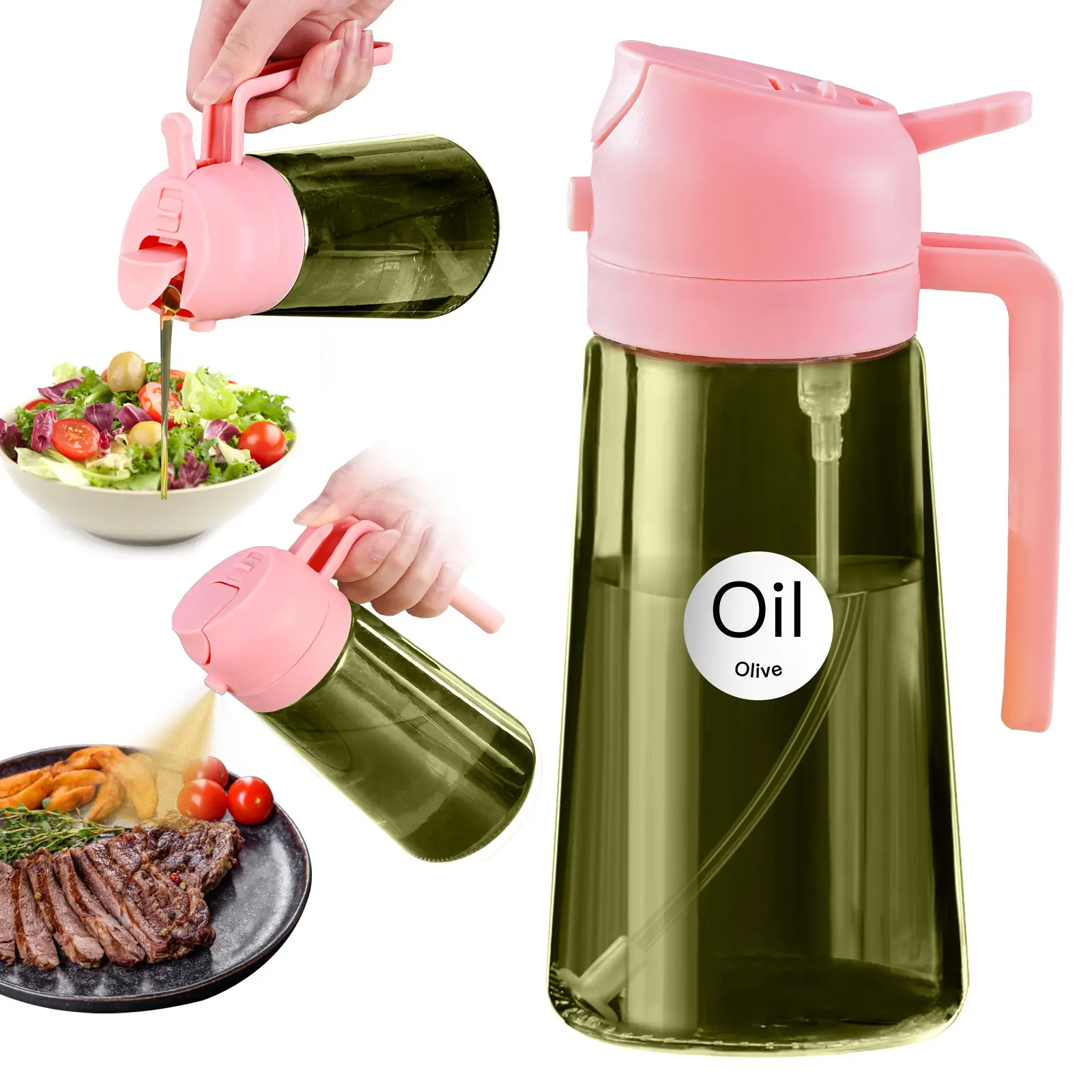 YARRAMATE Thick Lead-Free Glass Olive Oil Dispenser Sprayer - 16oz/470ml 2-in-1 Modern Kitchen Utensil with Lid, Mist/Pour Functions, Air Fryer Kitchen Accessory, Utensils