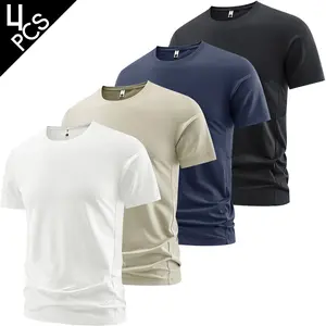 4PCS, Men’s casual solid-color athletic crewneck short-sleeve T-shirt pullover tops, made from ice silk–feel stretchy fabric, perfect for summer wear.