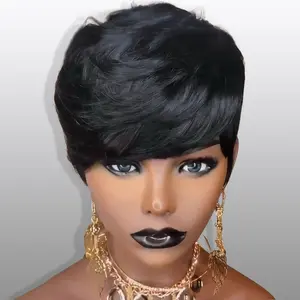 ShowReal Short Pixie Cut Wig Virgin Human Hair Black & Highlight Colorful Wig with Bangs Full Machine Ready To Go Glueless Wig for Black Women