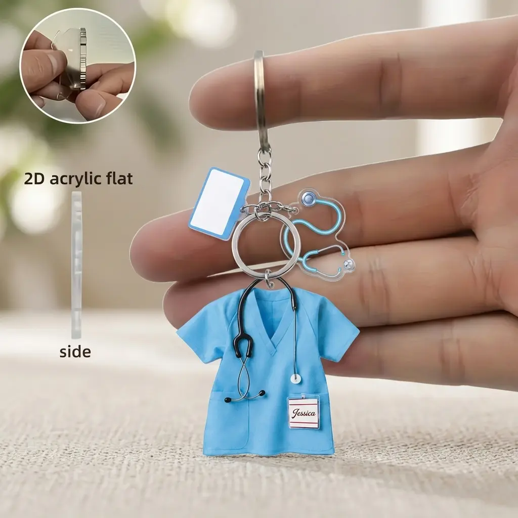 Lightweight Medical Theme Acrylic Keychain - Cute Graphic Scrubs + Stethoscope Pendant, B1-B2 Hospital Badge Accessory, Extra Large Hospital Gift for Medical Staff Fashion Accessory, Blue Scrubs, Scrubs + Stet.