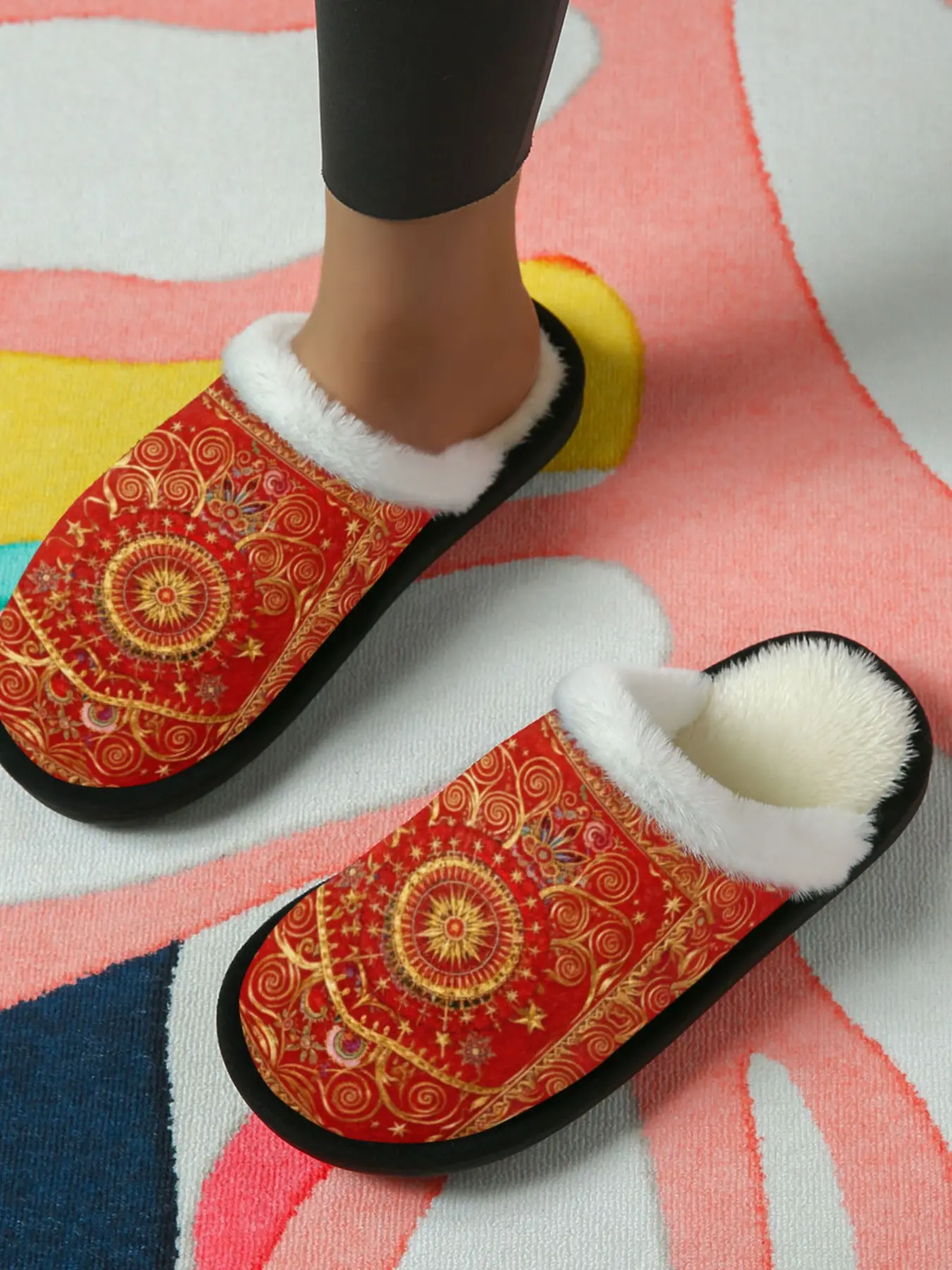 Chinese Gold Pattern Cotton Slippers, Traditional Festive Style, Fuzzy Lining Anti-Slip Thick Sole, Home Use Men Women Fall Winter Warm Shoes