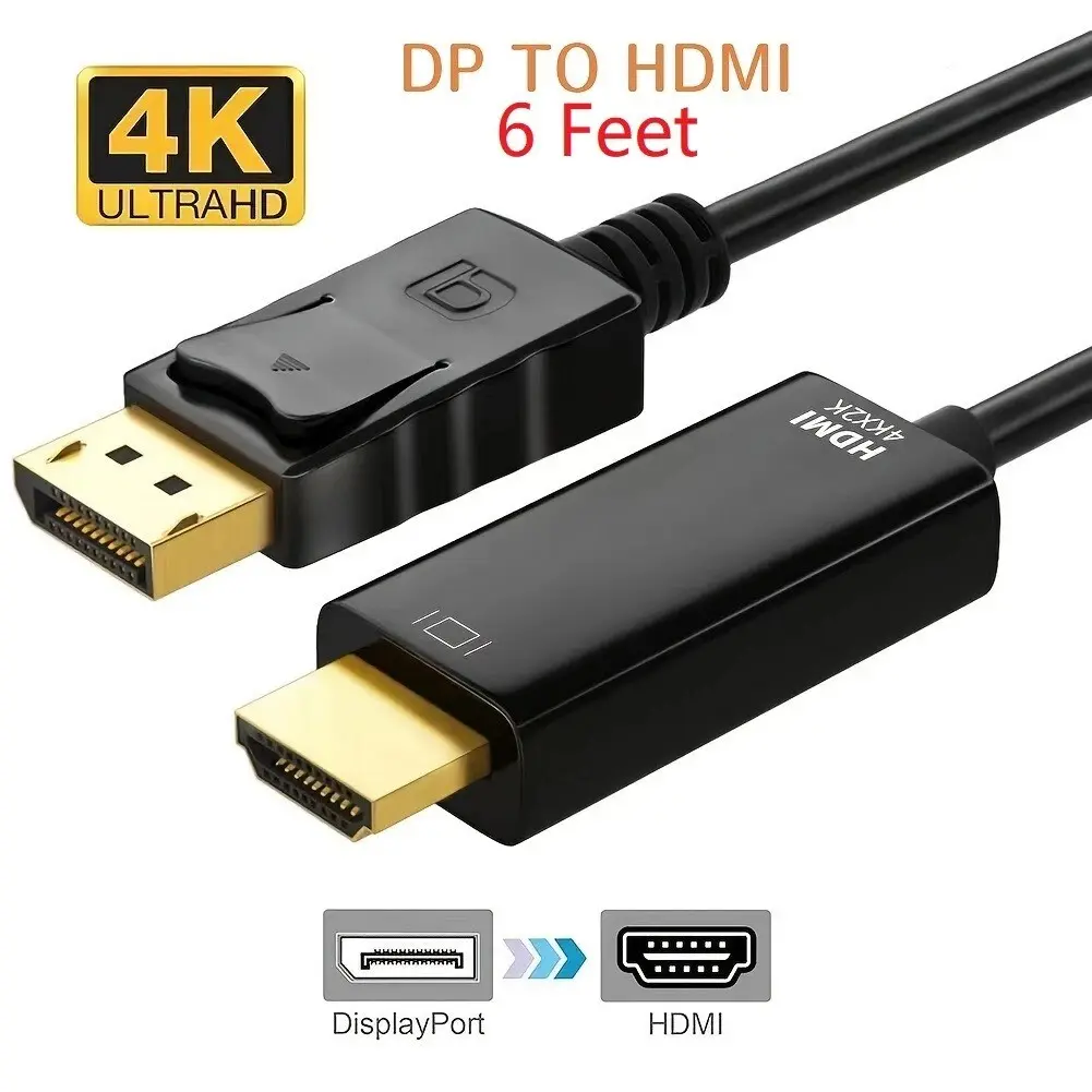 DP to HDMI Cable with Locking Buckle, 4K, 1.8M, DisplayPort to HDMI Adapter Cable for PC Laptop Monitor TV Projector