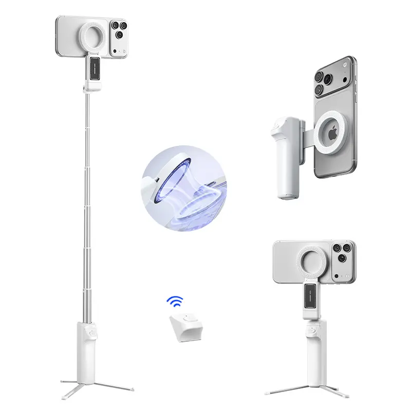 Magnetic Bluetooth Selfie Stick Tripod - Mobile Phone Camera Grip with Detachable Wireless Remote Shutter, Ergonomic Comfort Handle Holder for iPhone 16, 17 Pro Max, Compact Portable Cellphone Accessory