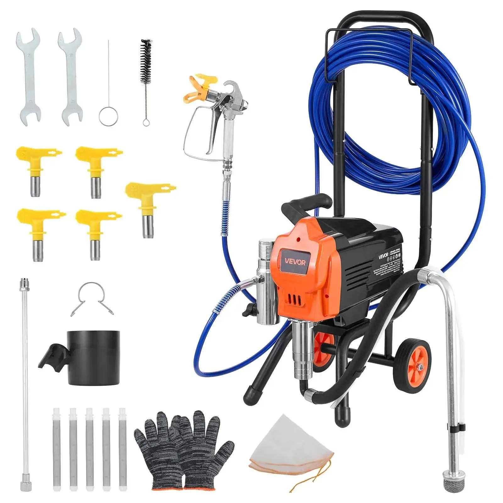 VEVOR Heavy Duty Stand Airless Paint Sprayer Tool Kit - High-Power High-Pressure Electric Spraying Tool with Cart, Cleaning Brush, Hose, Extension Pole, Nozzles, Voice Diag. for Large Areas, Hardware, Father's Day Gift