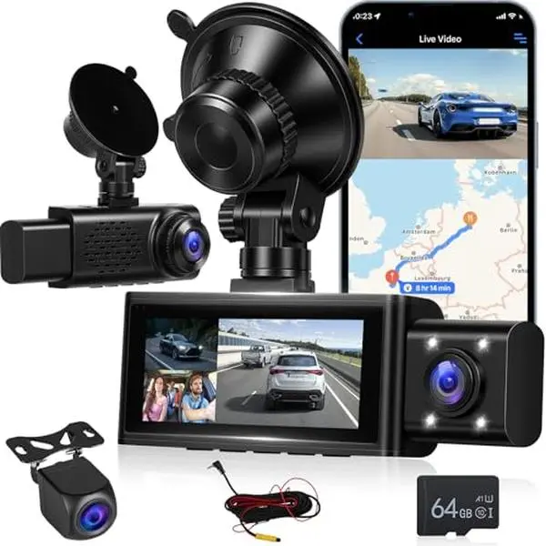 podofo 2.5K Resolution 3-Channel WiFi Car Dash Cam with Wi-Fi Connectivity, 3.16 Inch Screen, 64GB Card, APP Control, Front-Inside-Rear Coverage, G-Sensor, Loop Recording, Night Vision, GPS, Split Screen