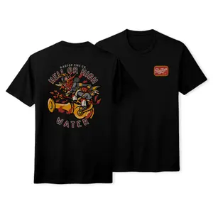 "Brave the Flames" firefighter shirt, Ragtop Fire Co firefighter graphic T-shirt, fire hose action illustration artwork, men's and women's firefighter lifestyle clothing