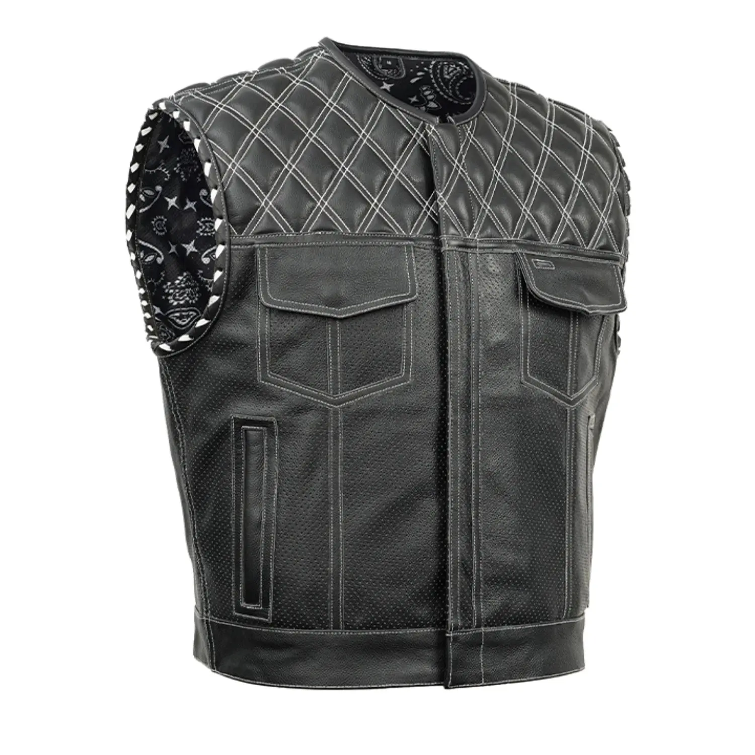DANIEL SMART Men's Cowhide Leather Sleeveless Motorcycle Protective Vest - Vintage Stitch Look Motorcycle Outerwear, Perforated Lowcut Zipper Biker Gear for Summer, Sizes 2XL, 3XL, 4XL, 5XL, 6XL