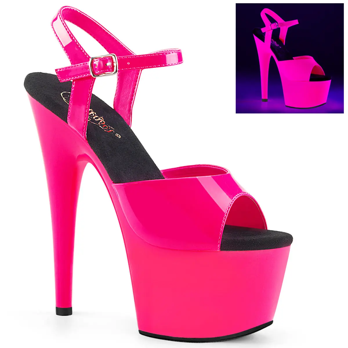 Pleaser Adore-709UV Neon Platform High Heels, Women's Ankle Strap Sandals with 7-Inch Heel, UV Reactive Fashion for Night Outs, Whimsy, Style, Statement Shoes, Showstopper, Glowing With Vibrant Pink Hues, Glam 3D Jeweled Luminous Women's Sandals, Footwear