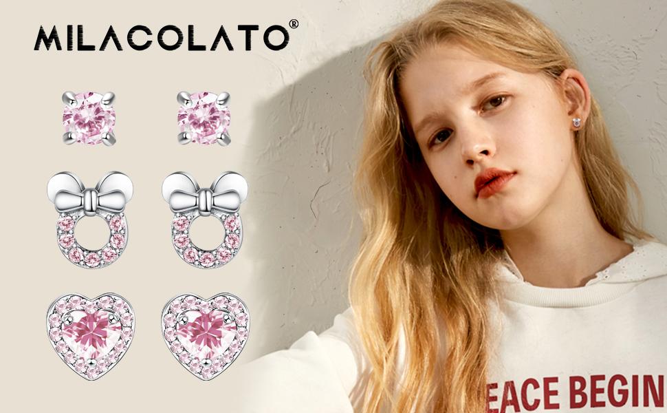 Milacolato 3Pairs 925 Sterling Silver Stud Earrings for Women Girls Cubic Zirconia Heart Mouse Stud Earrings Hypoallergenic 18G Cartilage Tragus Helix Screwback Stud Earrings Set for Kids Toddlers Teens