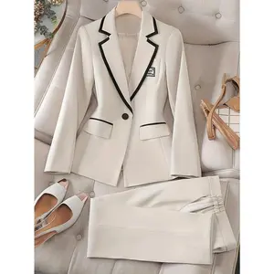 Elegant Color-Block Slim Fit Two-Piece Set, Single-Breasted Lapel Blazer & Pants Office & Work - Women's Professional Wear - Perfect Business & Office Outfit