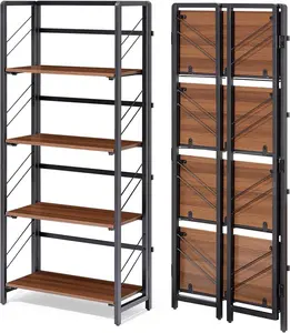 No Assembly Needed - 4/5-Tier Folding Office Bookshelf - Vintage Bookcase Storage Rack - Sturdy Metal Frame, Space-Saving Organizer - Black Frame with Brown Wood, Five Shelves