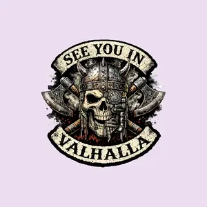 See You In Valhalla Viking Warrior Skull Sticker, Norse Helmet Skull and Battle Axe Vinyl Decal for Laptop, Water Bottle, Cooler, Truck
