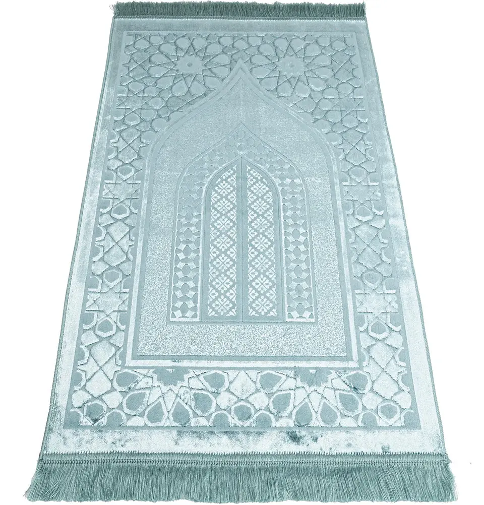 Luxury Velvet Islamic Prayer Rug Moroccan Star - Ice Blue