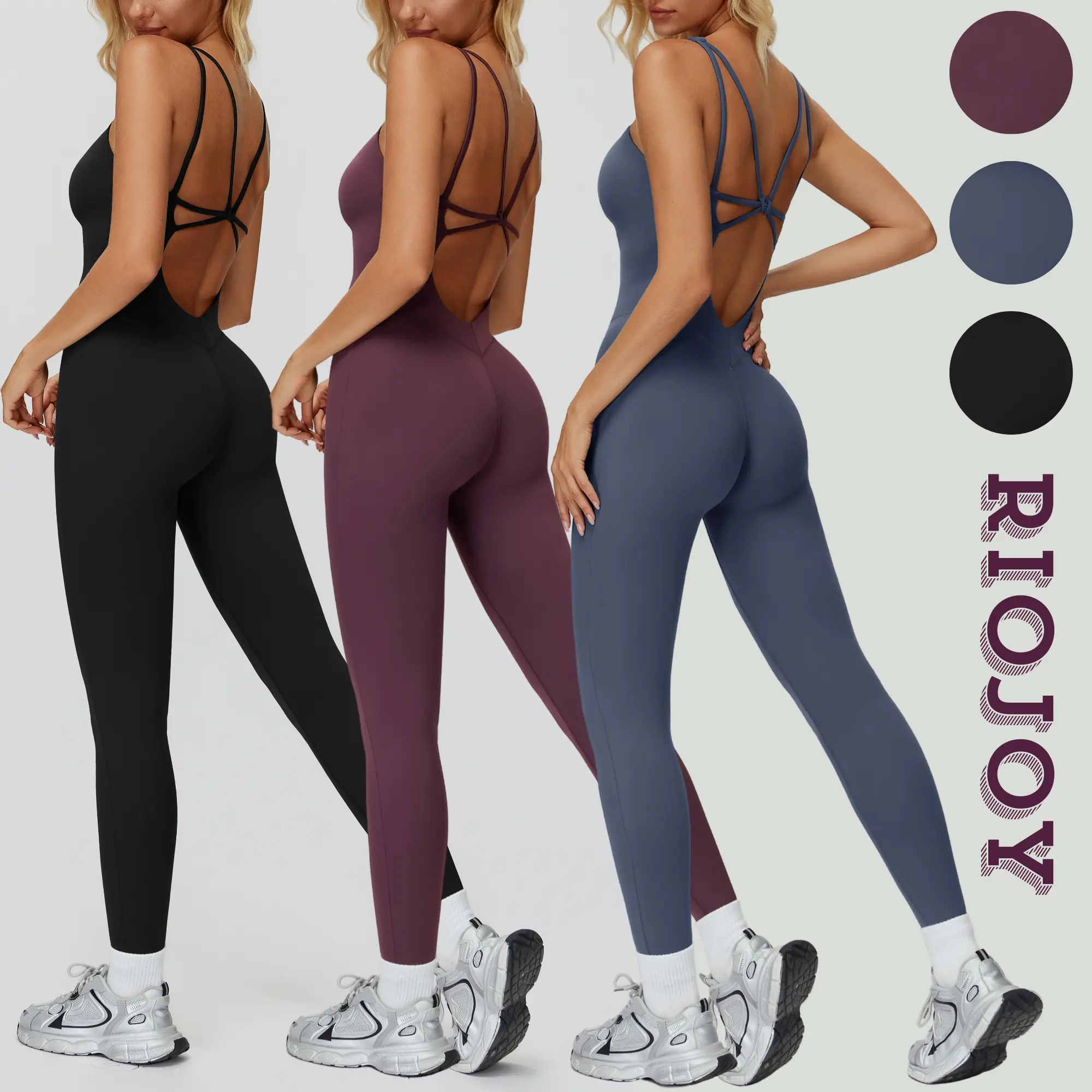 RIOJOY Women's Solid Crisscross Backless Seamless Jumpsuit with Built-in Bra - Tummy Control Sleeveless Unitard for Yoga, Gym All-Season Workout Sportswear