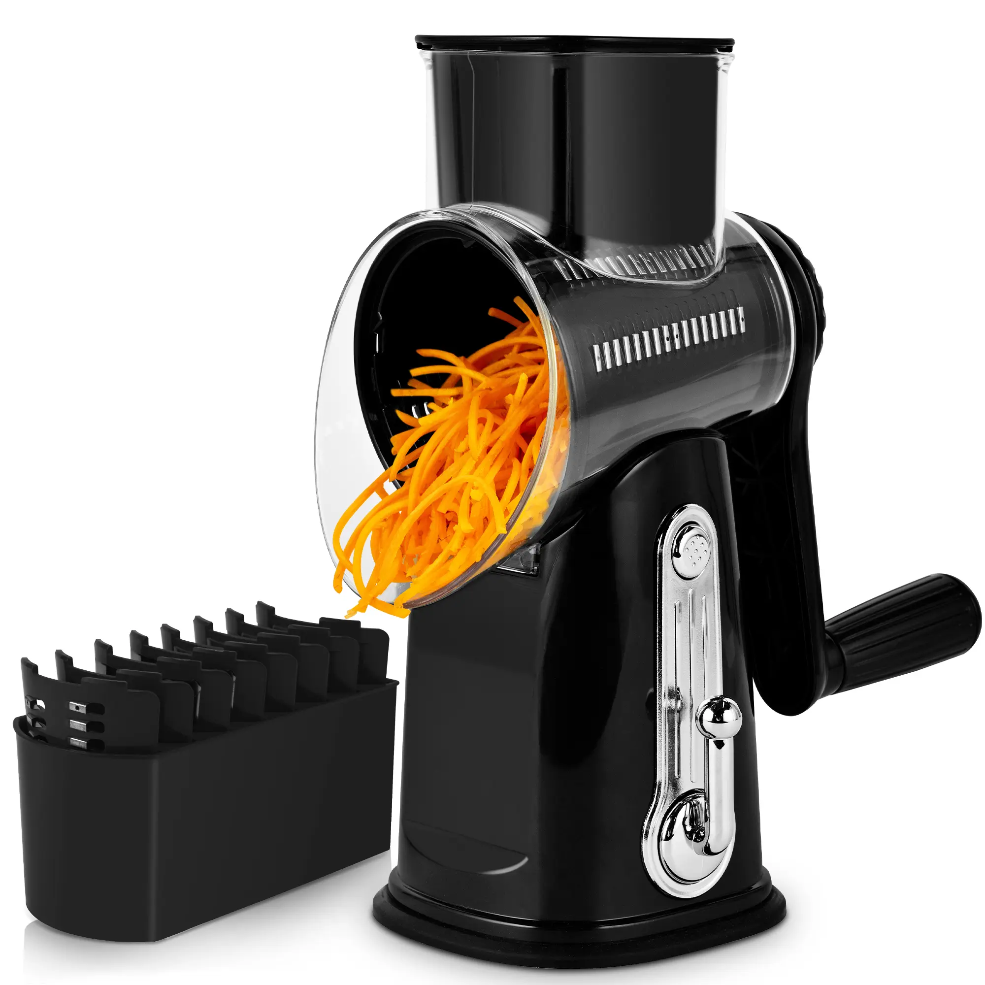 SUSTEAS 5-in-1 Stainless Steel Rotary Cheese Multi-Grater Tray Mandoline - Safe Mandoline Slicer, Built-in Suction Base, 5 Replaceable Blades, Replaceable Parts, Durable Kitchen Accessory, Compact Storage, Chocolate/Cabbage/Potato Prep Tool, Multifunction
