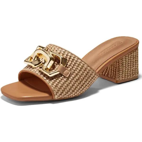 Coutgo Womens Raffia Slide Sandals Chunky Block Heeled Square Open Toe Metal Chain Slip on Mules Dressy Shoes tiktokshopbacktoschool