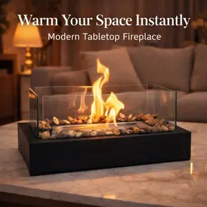 Rectangular Tabletop Ethanol Fireplace with 4 Glass Windshields Easy Assemble Smokeless Ash Free 30 60Min Burn Time Indoor Outdoor Decor Fire Pit w Ceramic Wick Multicolored Stones Safe Portable Gift
