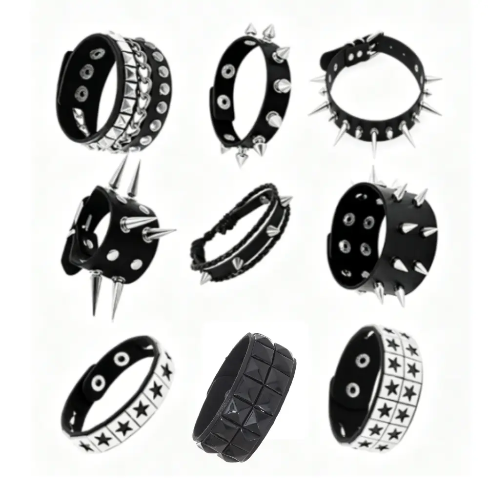 9 Pcs Spiked Studded Bracelet | Emo Punk Leather Rivet Bangle, Y2k Goth Adjustable Cuff Wrap Wristband, for Rock Concert