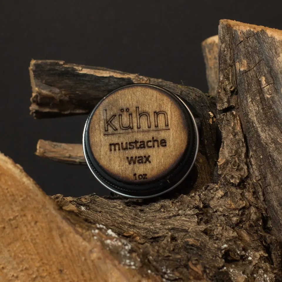 Kuhns Strong Hold Mustache Wax with Pinyon Pine Resin, Beeswax & Lanolin | Woody Spiced Berry Scent, No Residue Formula for Men, 1 oz Tin with Free Soap, Solid, Daily Use, 1Oz, Earthy Pine, Mustache Hold, Free Soap Bar, Shape & Hold