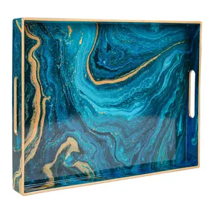 Blue Marble Rectangular Serving Tray with Handles – 15.7" x 11.8" Plastic Decorative Tray for Coffee Table, Ottoman & Bathroom