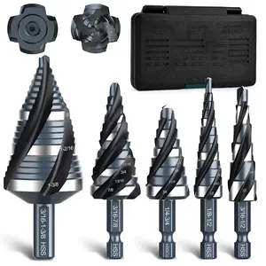 Professional 5Pcs Cobalt HSS Step Drill Bits Four Spiral Flute Quick Change Multi Size Hole Maker for Stainless Steel Sheet Metal Woodworking