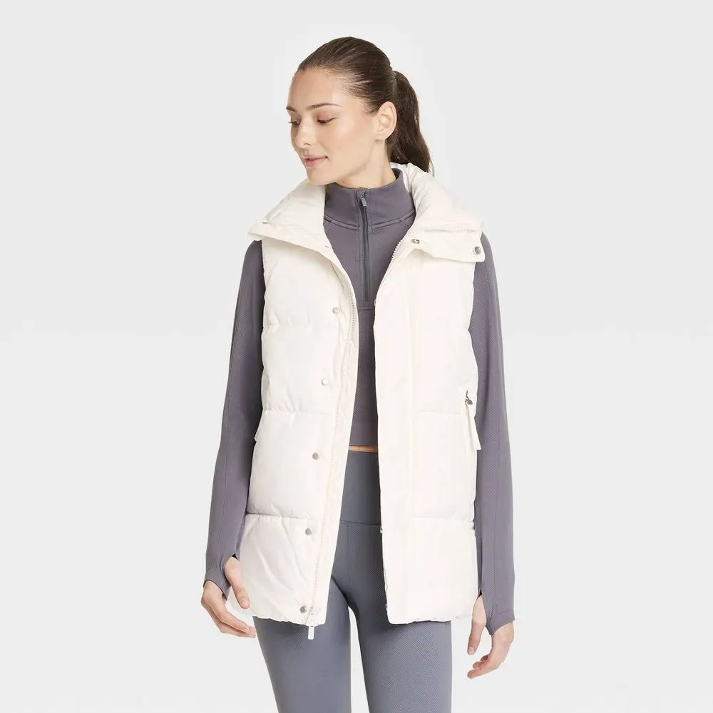 All In Motion Women's Long Puffer Vest Sleeveless Jacket Length, Polyester, Zipper, Fabric, Fit, Lightweight, Clothes