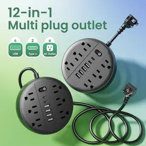 12-In-1 Surge Protector Power Strip Featuring Six AC Outlets, Four USB-A Ports, And Two Type-C Ports, Available with a Short Cord of 5 Feet Or a 10-Foot Extension Cord, Equipped with a Flat Plug, Wall Mount Capability