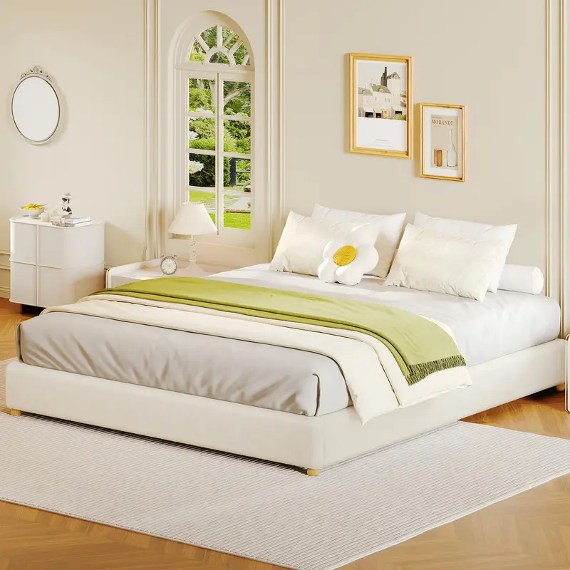 GARVEE King Size Cloud Bed Frame - Teddy Fleece Low Platform Bed Without Headboard, Thick Boucle Fabric Upholstered, Solid Wood Legs, Beige