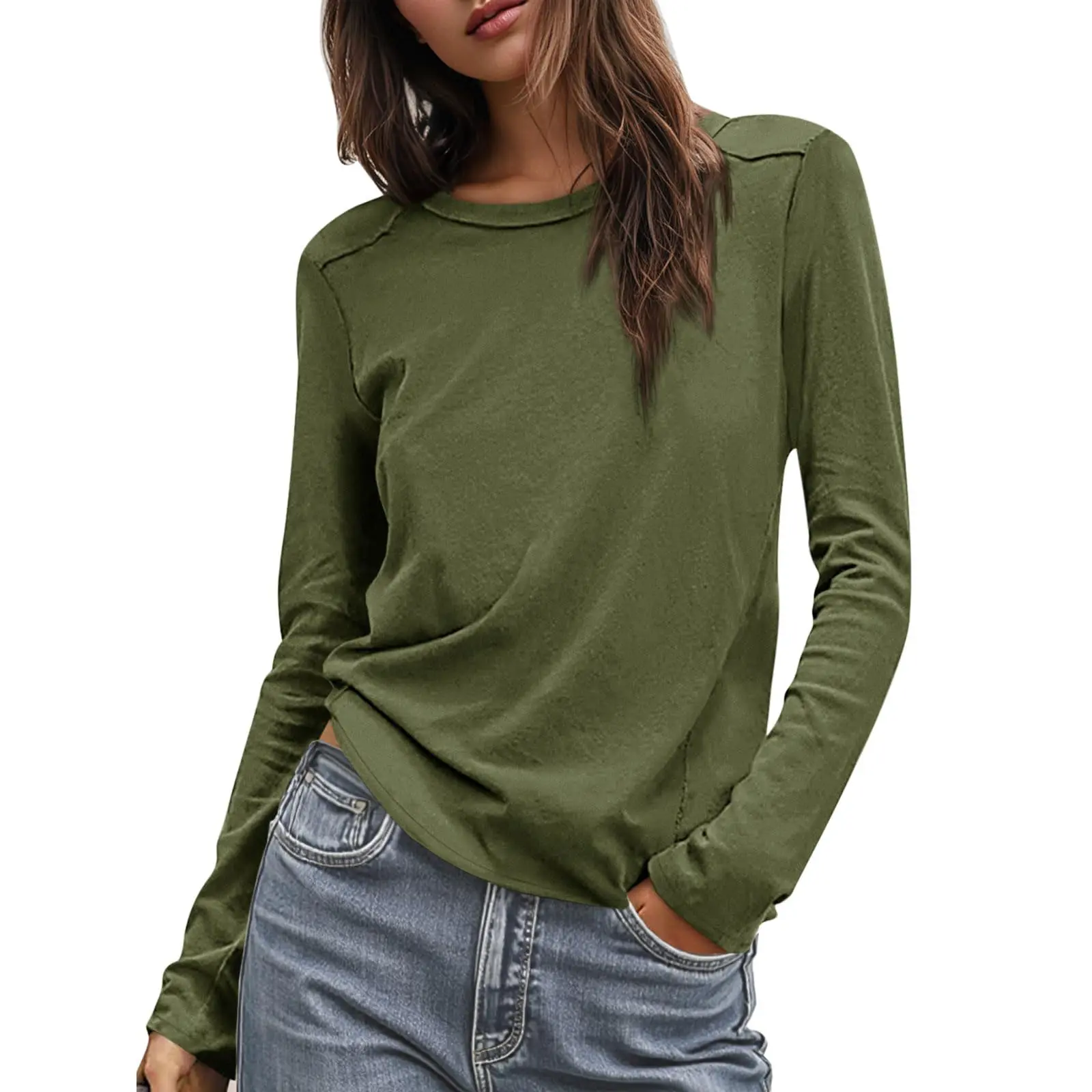 Cicy Bell Womens Long Sleeve Shirts Casual Loose Fit Crew Neck Seam Tunic Tops Fall Basic Tees